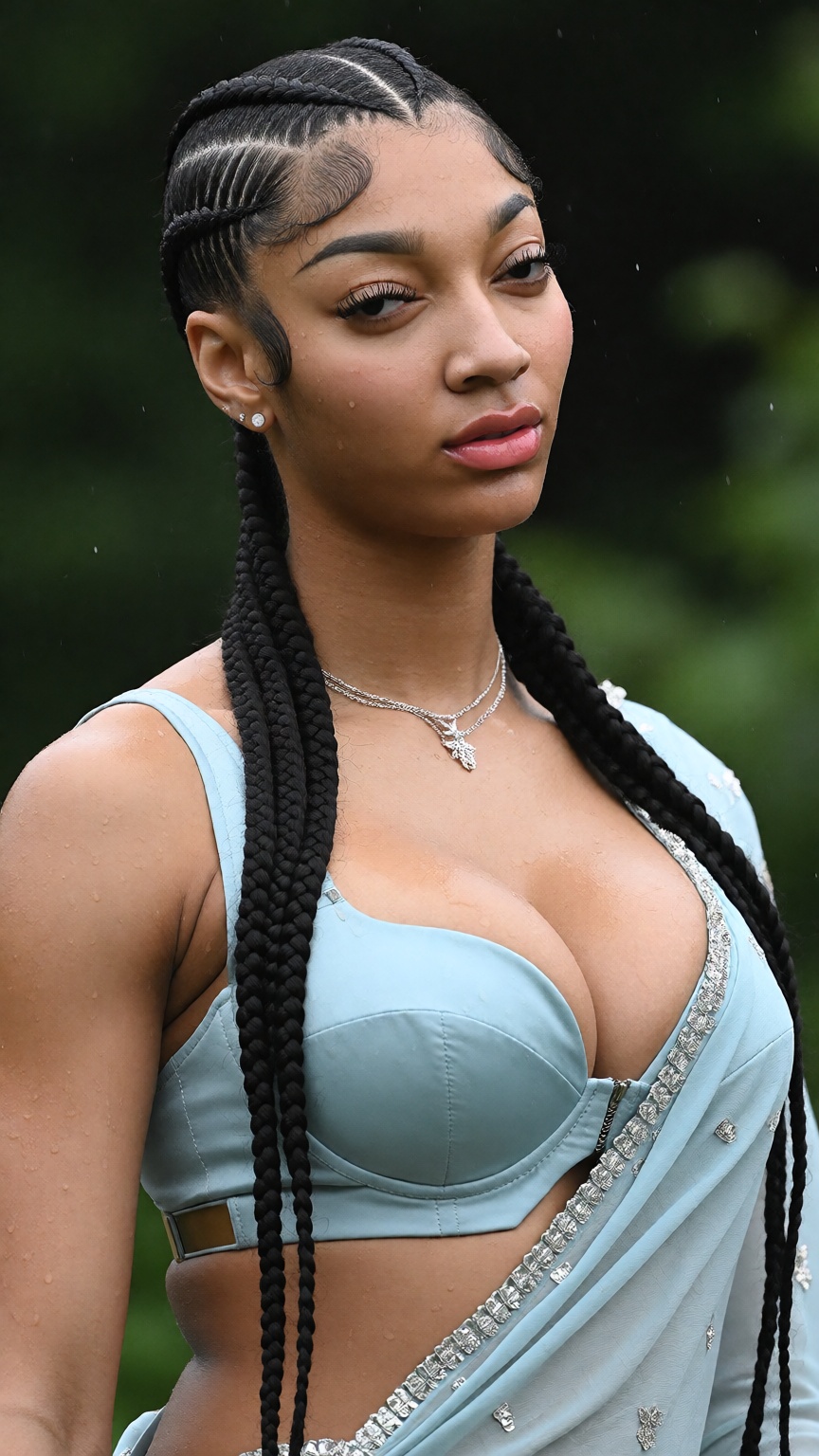 Photograph of a black woman with a light brown skin tone and long,  intricately braided black hair styled in tight cornrow...