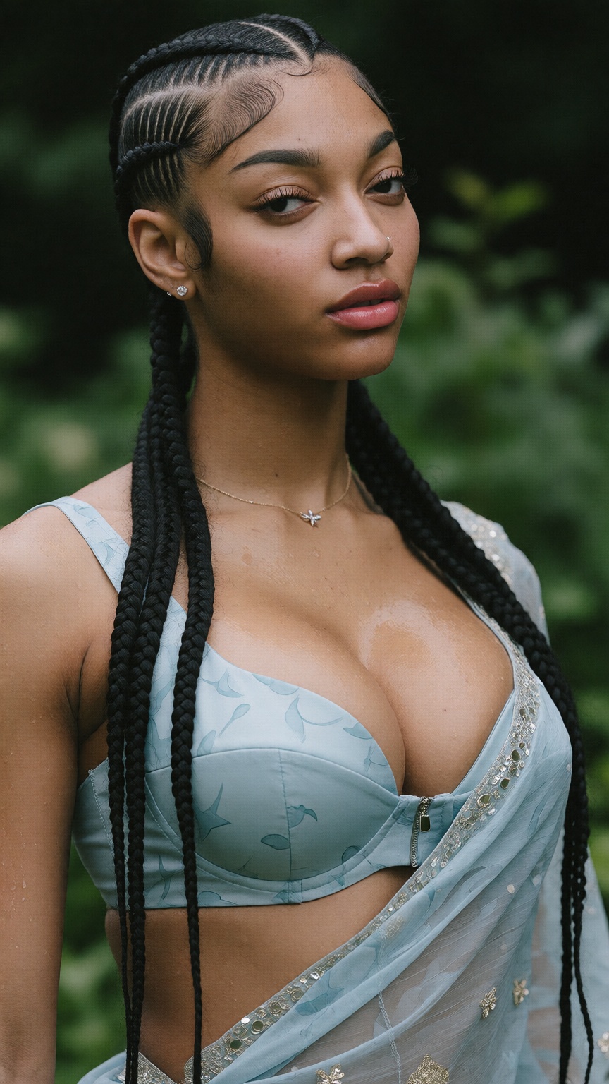Photograph of a young black woman with a light brown skin tone and long,  intricately braided black hair styled in tight c...