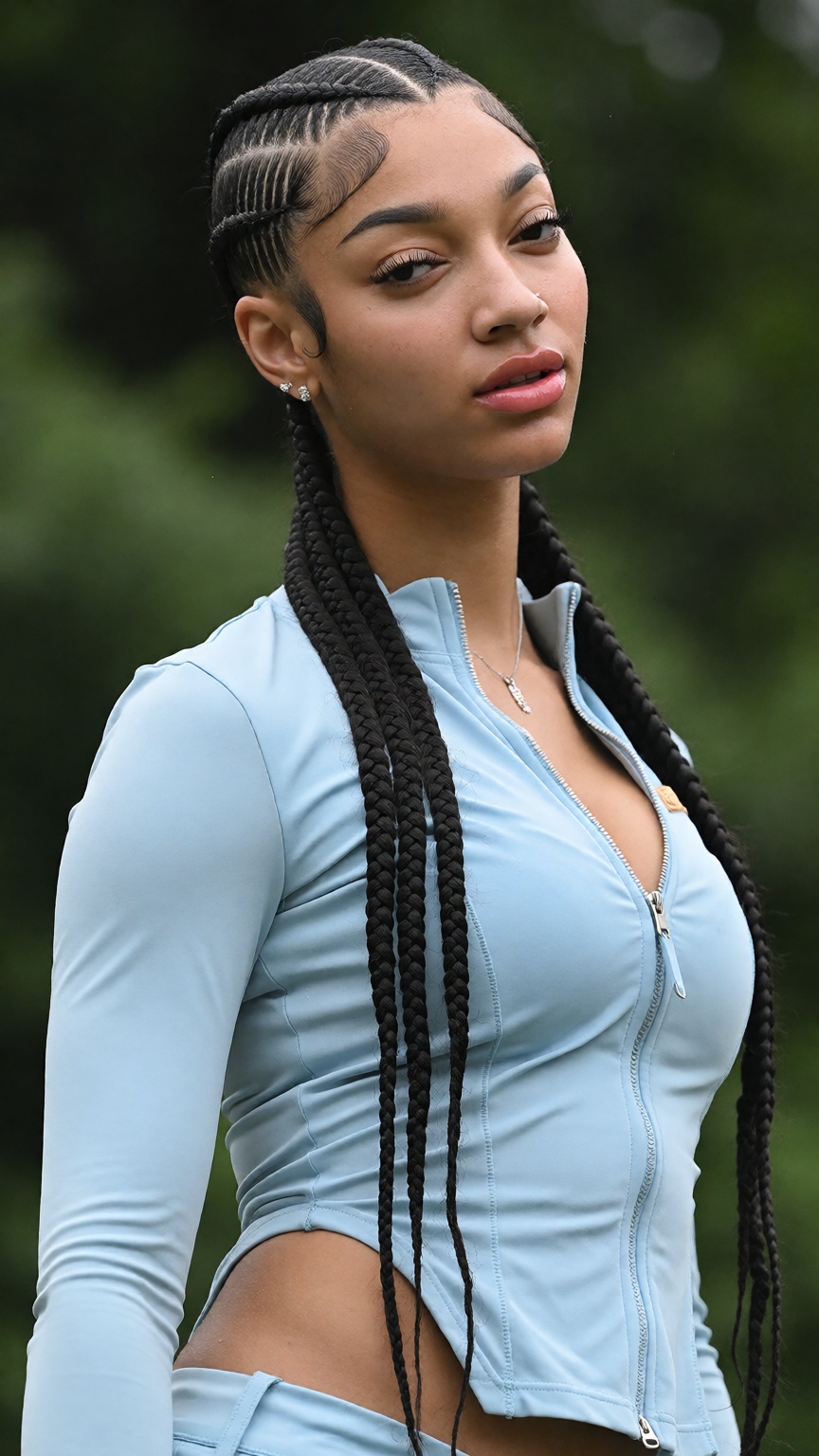 Photograph of a young woman with a light brown skin tone and long,  intricately braided black hair styled in tight cornrow...