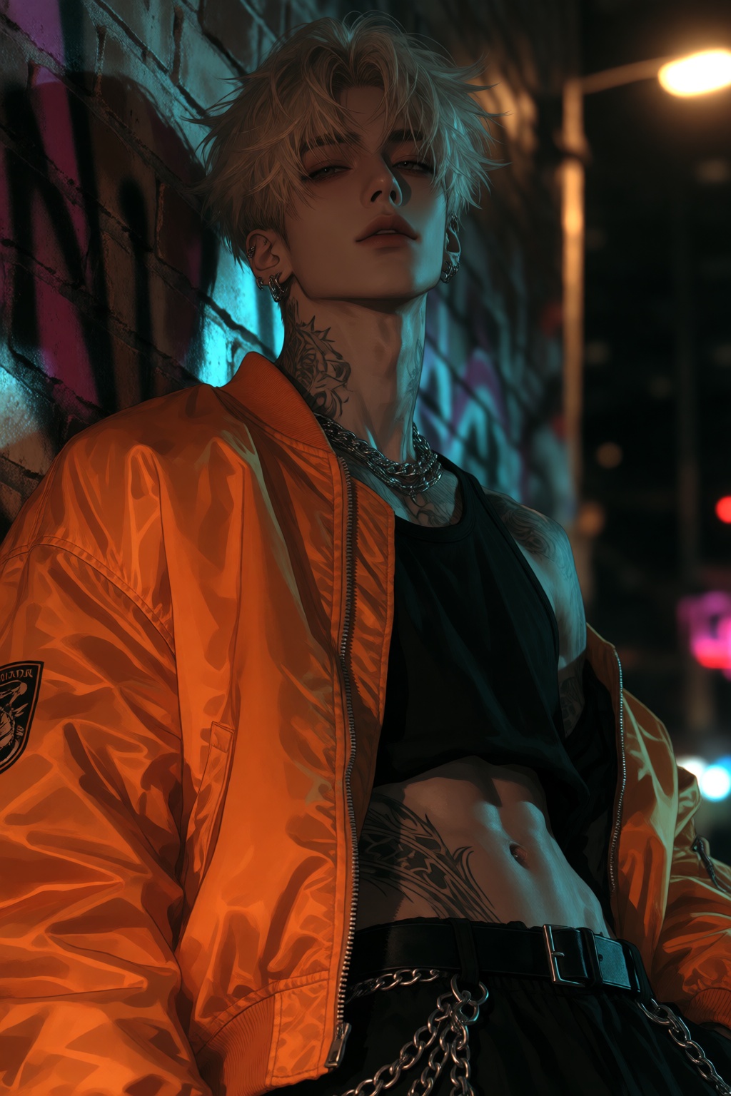 digital illustration,  A young man with tousled,  ash-blonde hair stands against a graffiti-covered brick wall at night. H...