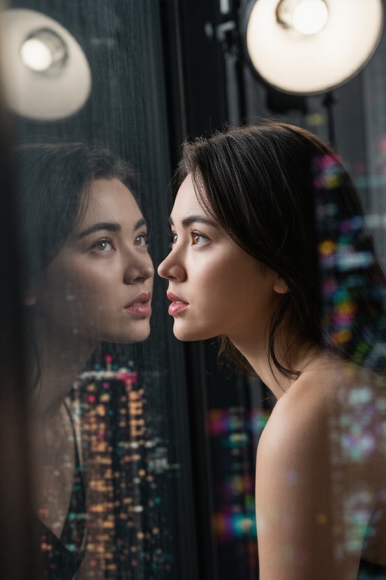 Award-winning color photo of a beautiful girl,  up close to a reflective window,  looking out at a beautiful cityscape whi...