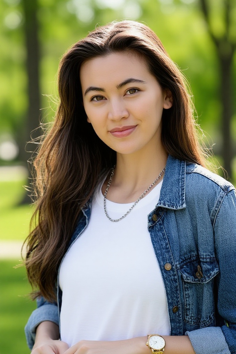 Professional editorial portrait photograph taken during an outdoor photoshoot in a park. Captured with a full-frame camera...