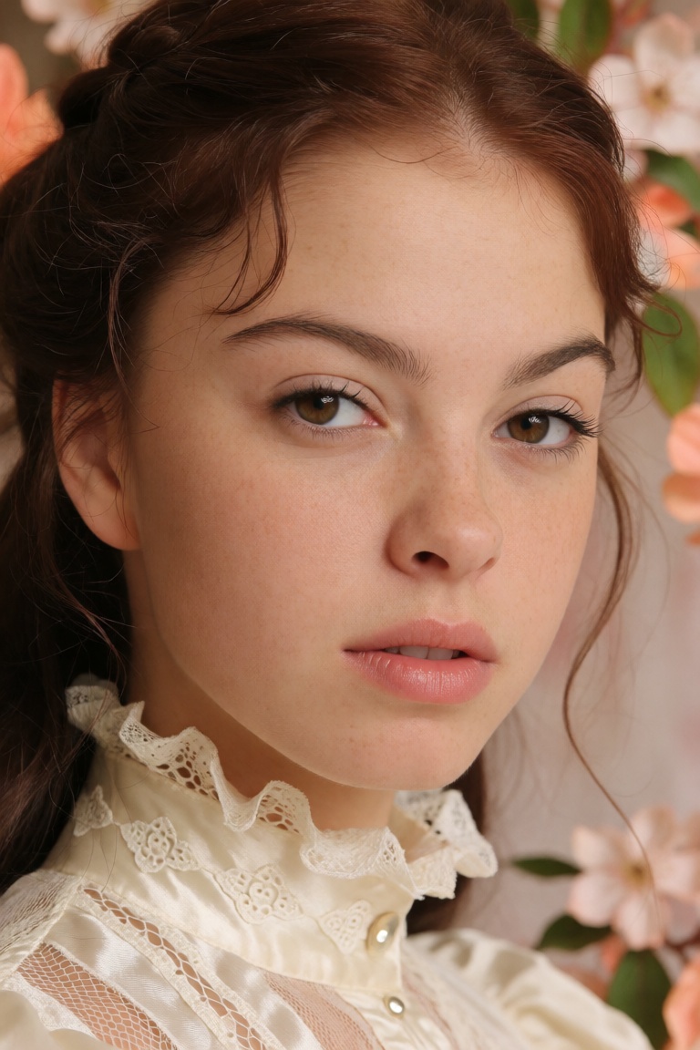 A hyperrealistic 8K fashion portrait of a young woman with smooth ivory skin,  her brown eyes gazing calmly forward. The c...