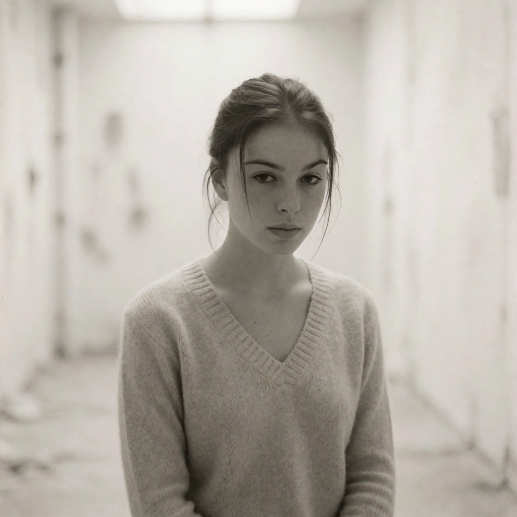 A poignant monochrome sepia-toned portrait captures a young womanembodying a profound sense of melancholic introspection,...