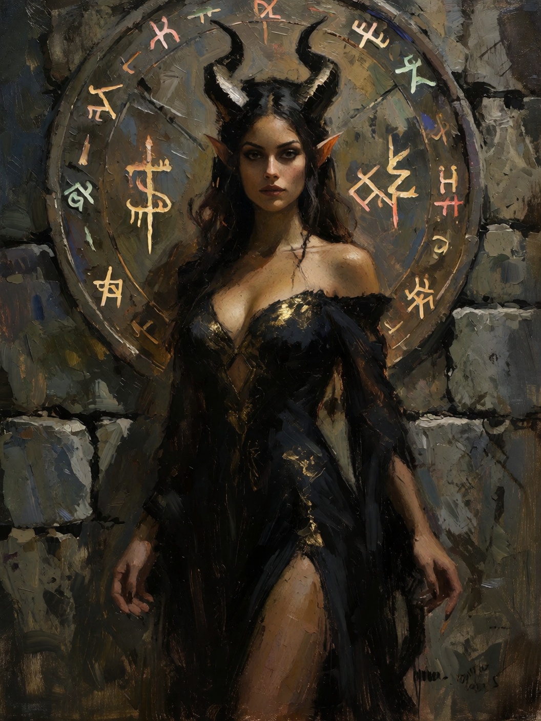 sketch painting of a woman in a black and gold skimpy and revealing dress with horns on her head standing in front of a st...