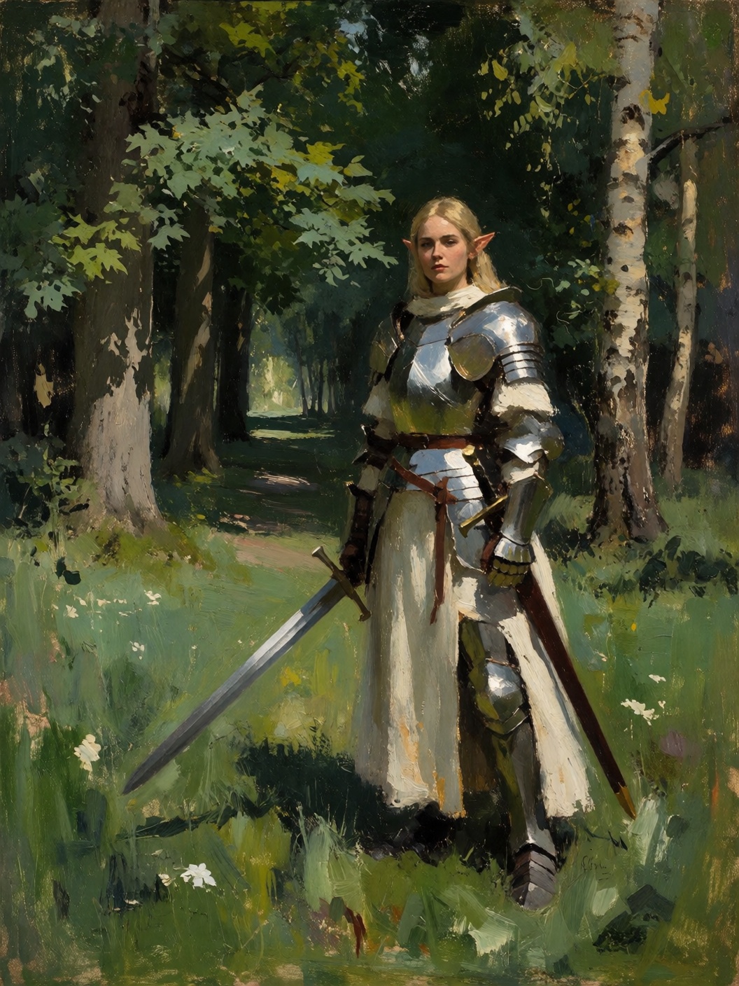 sketch painting portrait of a noble paladin cleric female elf in white robes and gleaming chrome armor with a broadsword i...