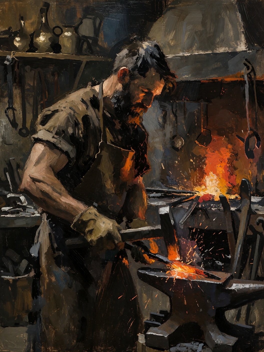 sketch painting closeup portrait of a medieval blacksmith,  with soot-streaked face and muscular arms,  wearing a leather...