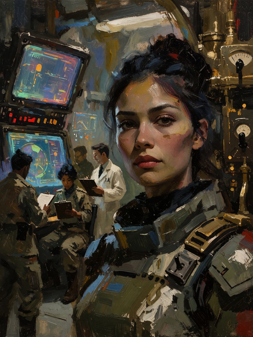 sketch painting closeup head-and-shoulders portrait of a sci-fi hero Commander Bria Ursan in a brightly-lit underground bu...