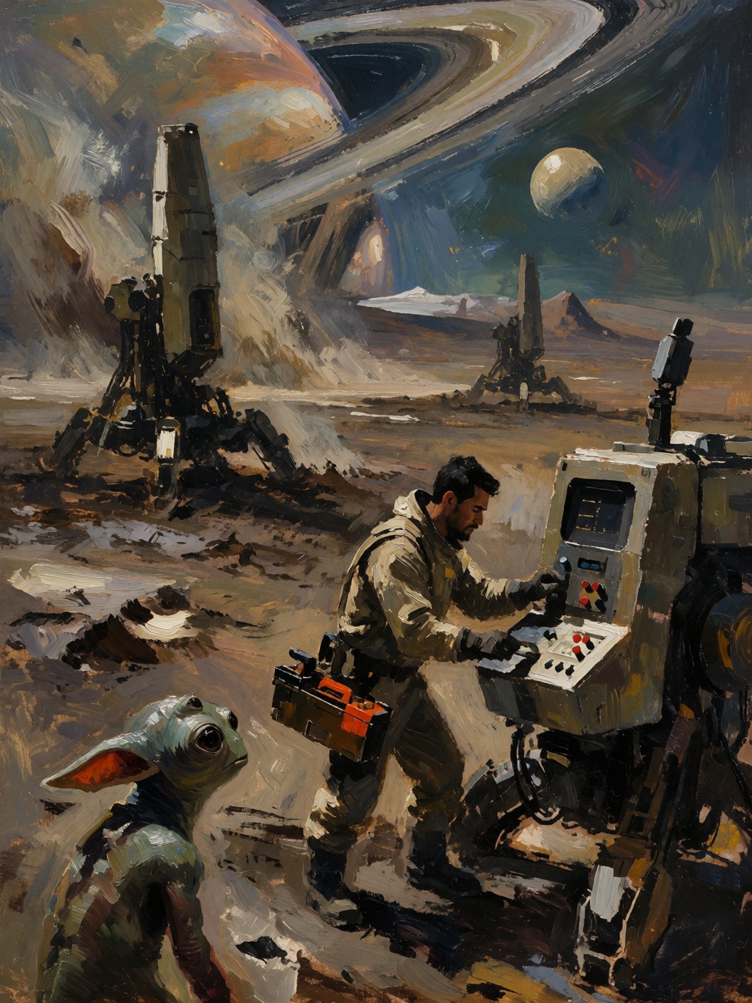 sketch painting of a terraforming operation on a desolate planet. In the foreground,  a determined engineer with a rugged...