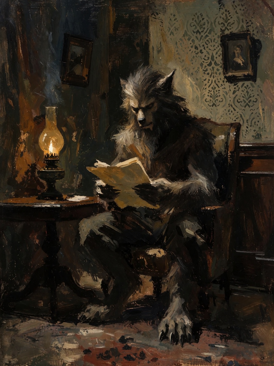 sketch painting of a werewolf reading a script for a television role. He sits in an old manor house with dark wood trim an...
