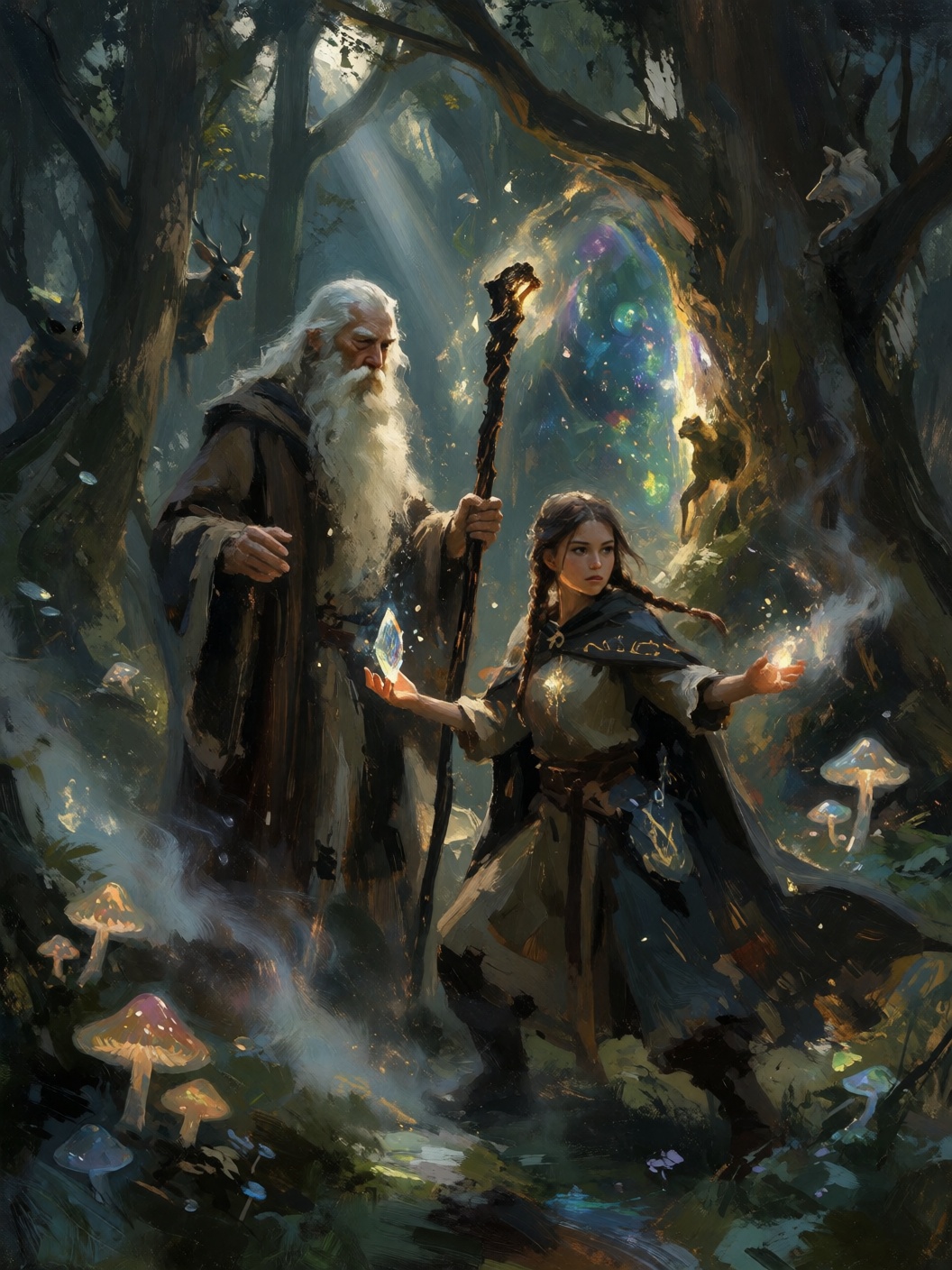 sketch painting of an elderly wizard,  with a long white beard and a flowing robe,  standing in a mystical forest. He hold...