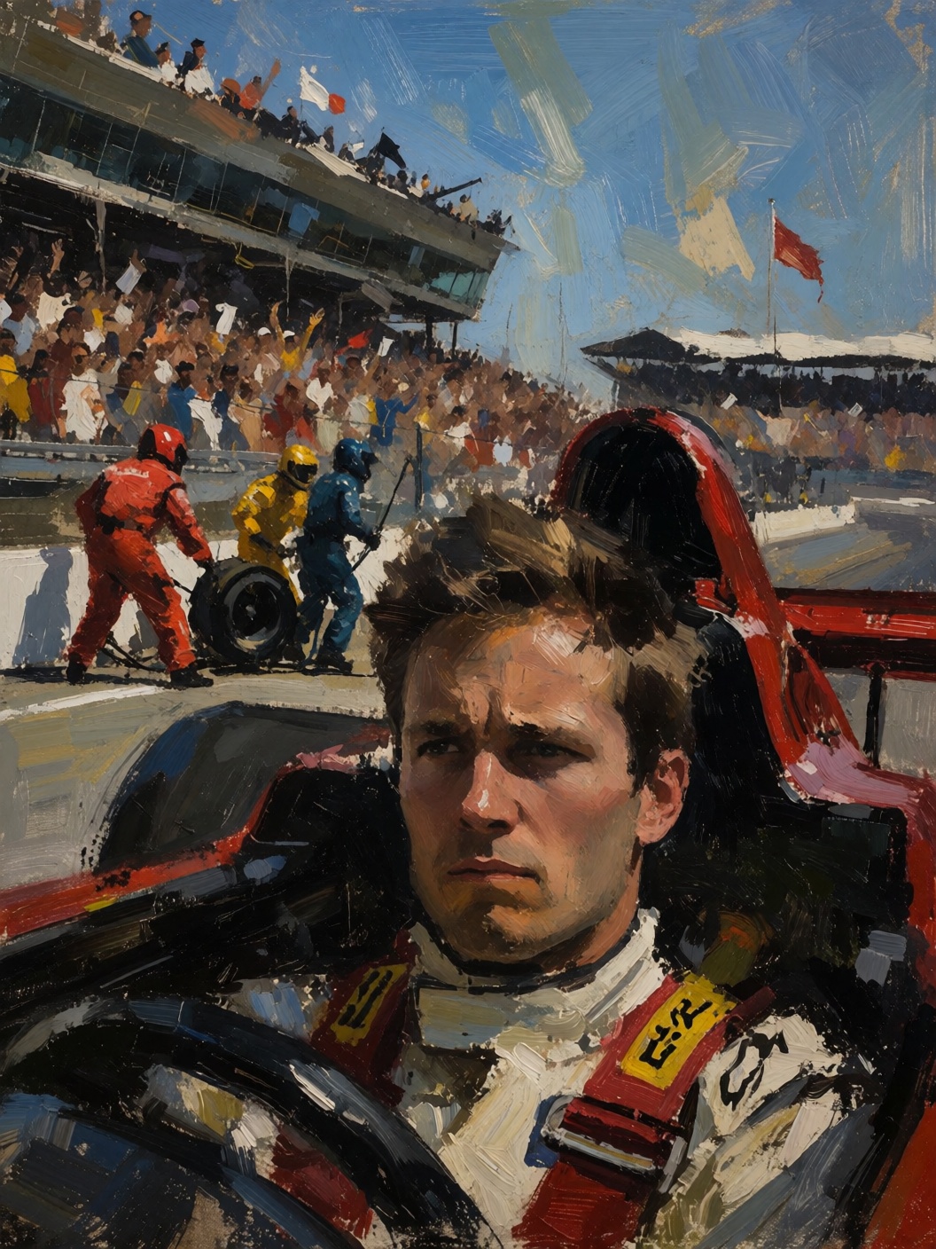 sketch painting closeup portrait of a race car driver speeding around a track,  the driver is focused and determined. The...