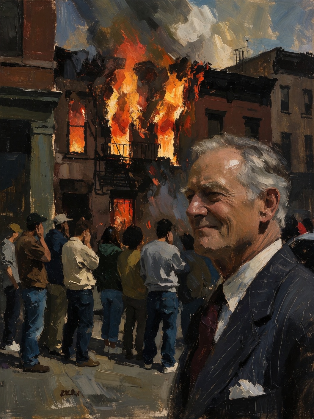 sketch painting closeup head and shoulders of a smug fat 60-years-old man in a pin-striped suit,  city street with a tenem...