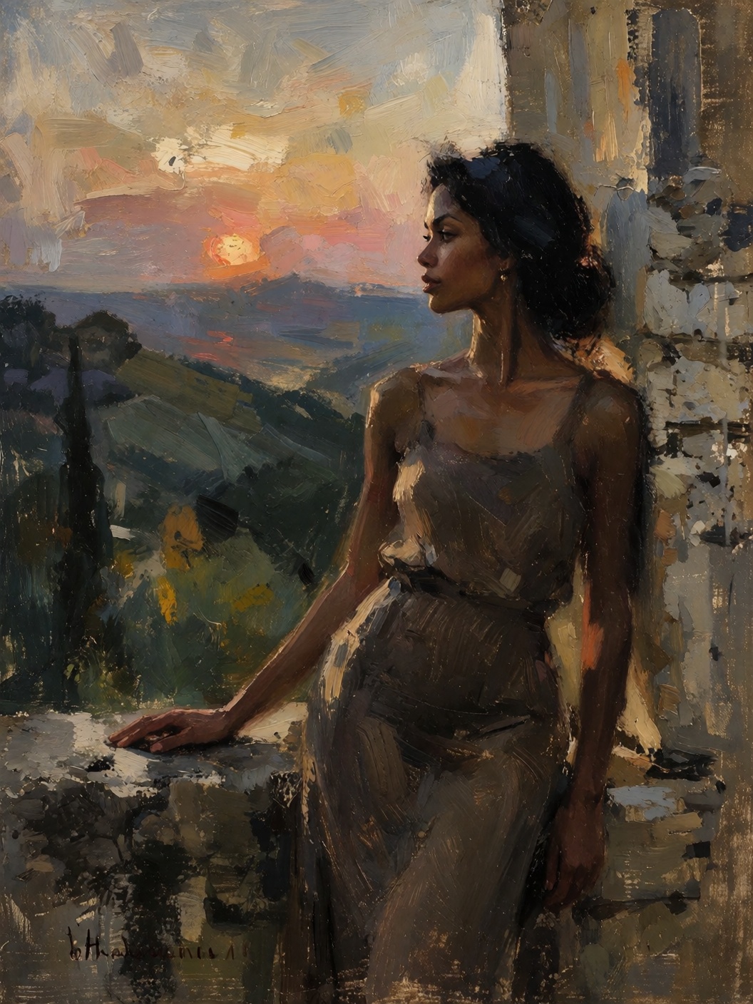 sketch painting portrait of a biracial French model in Gordes Provence leaning casually against an old stone wall looking...