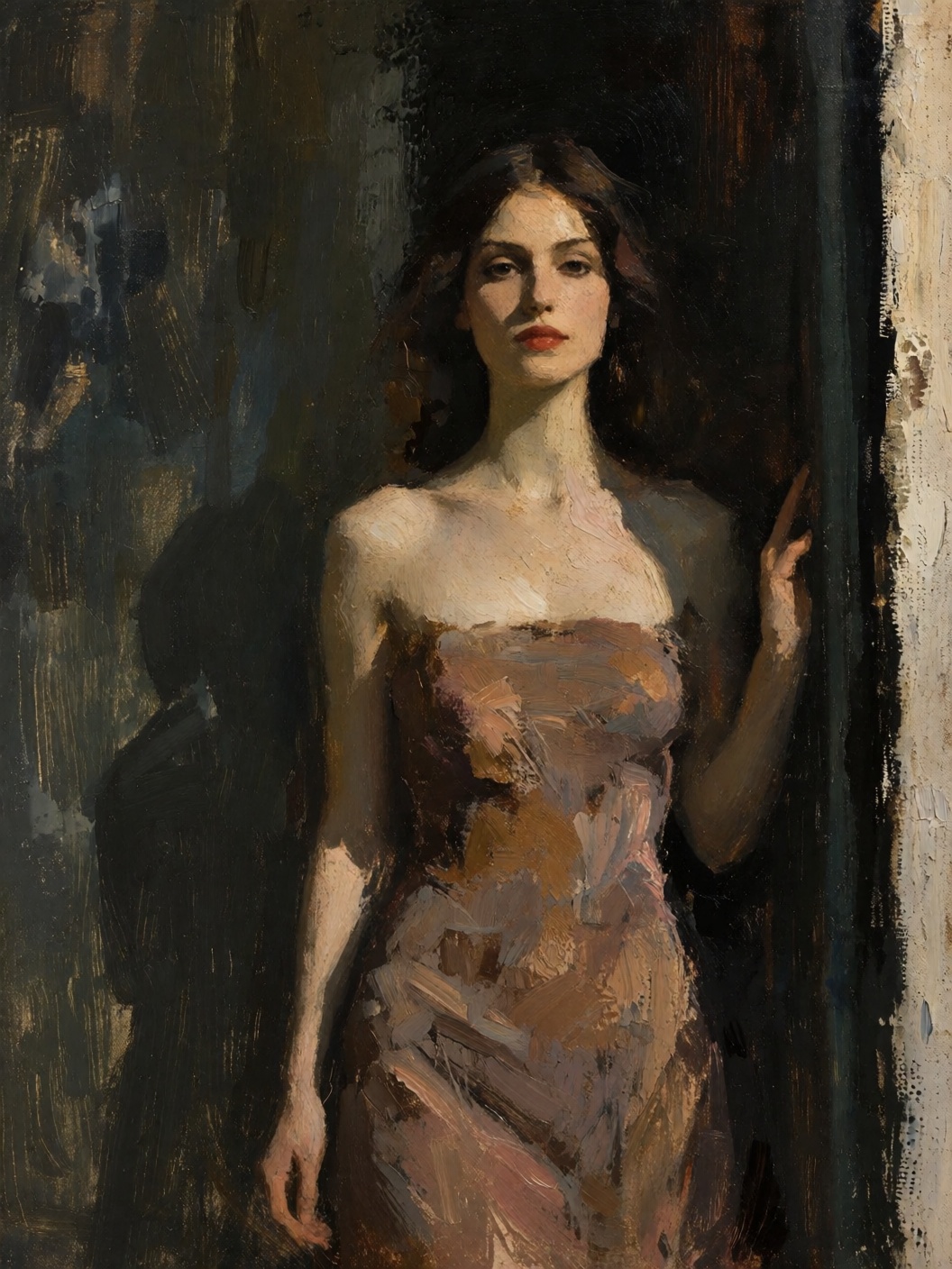 sketch painting of a beautiful model emerging from the shadow of a dark doorway on Tensor.Art