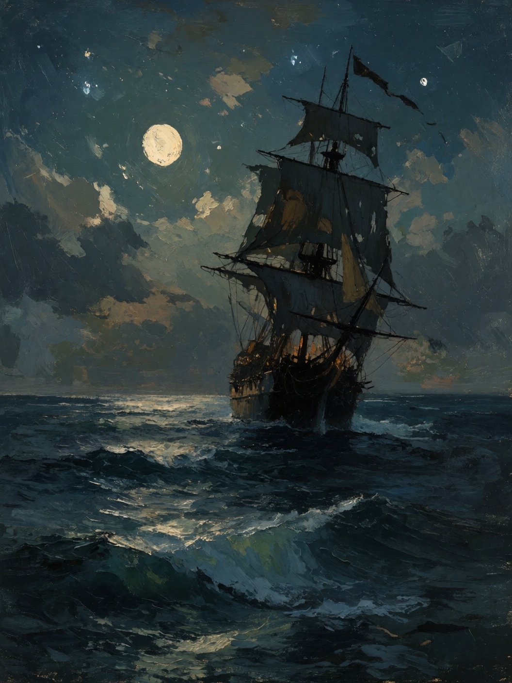 sketch painting of a ghost ship adrift in a vast otherwise empty moonlit sea,  its tattered sails fluttering and flapping,...