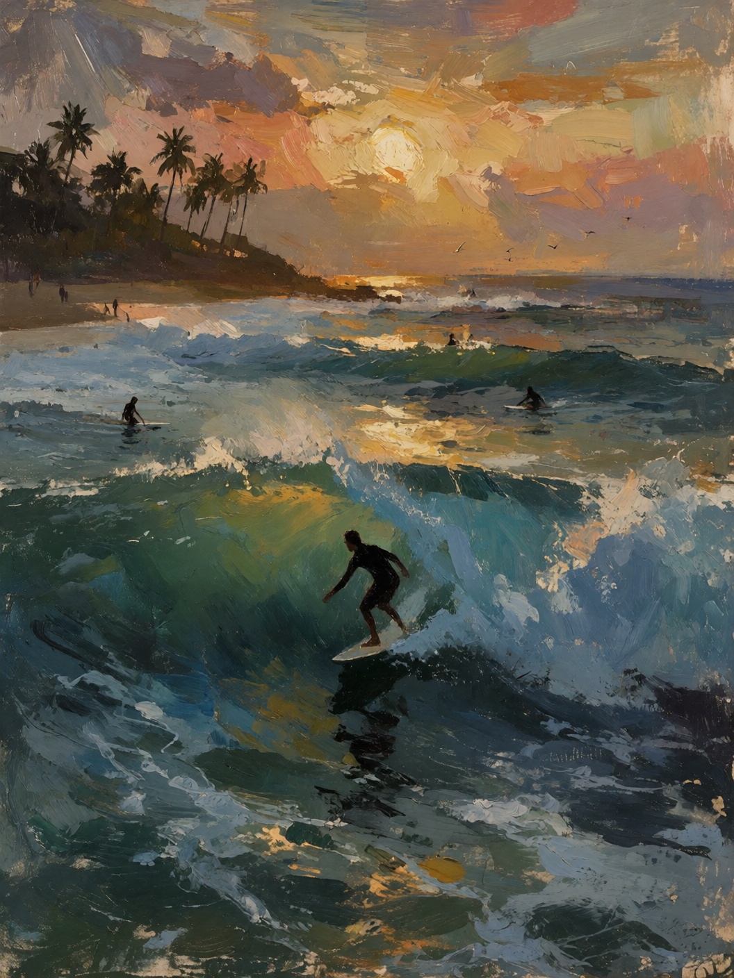 sketch painting of a surfer riding a massive wave,  with the sun setting in the background. The ocean is turbulent,  with...