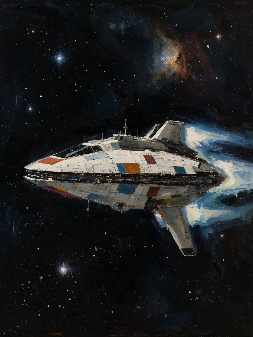 sketch painting of a futuristic sci-fi space ship constructed of white panels with color accents and chrome-lined windows....