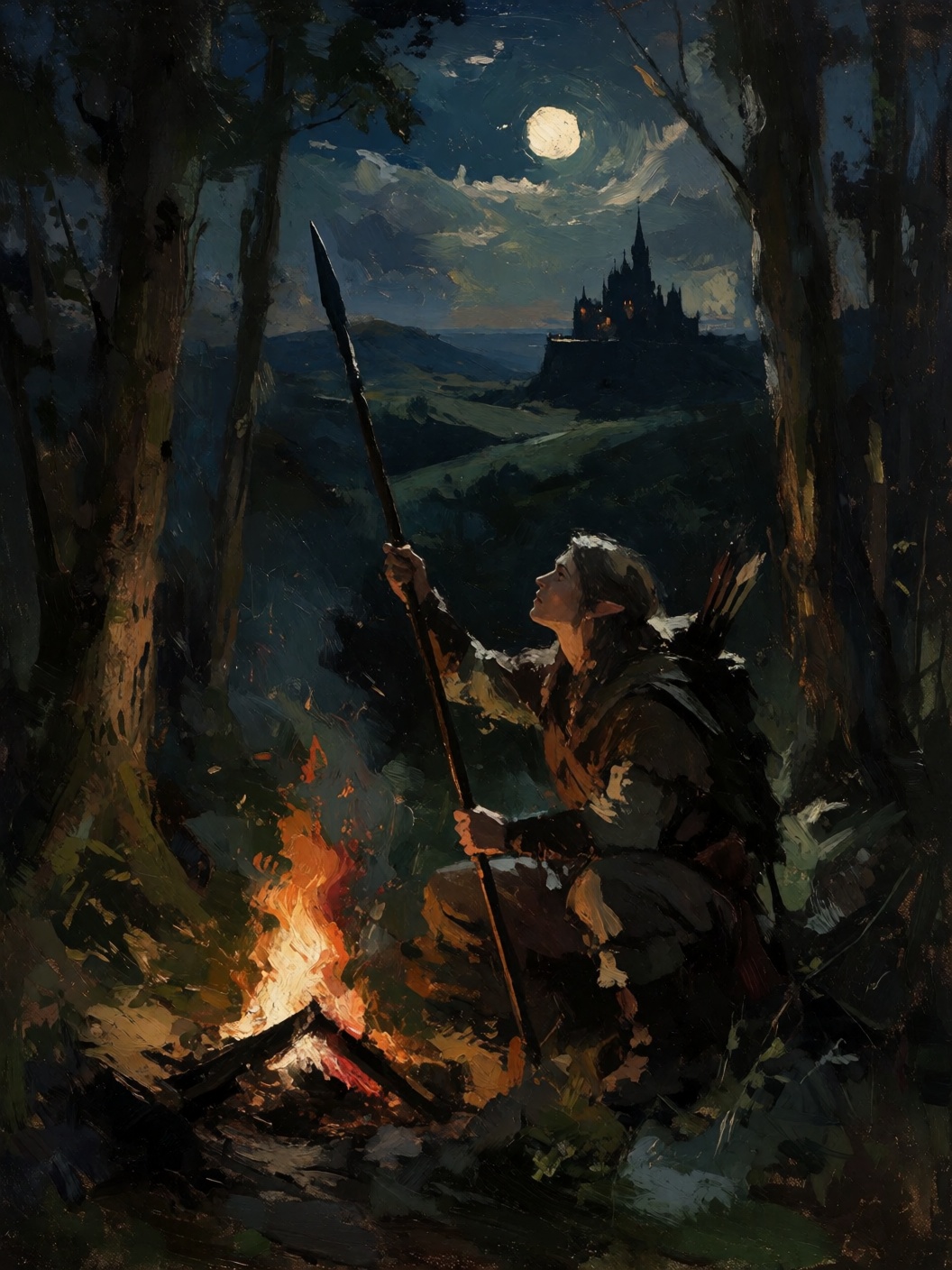 sketch painting of a fantasy D&D human ranger squatting near a campfire at night holding a spear pointed up to the sky. Th...