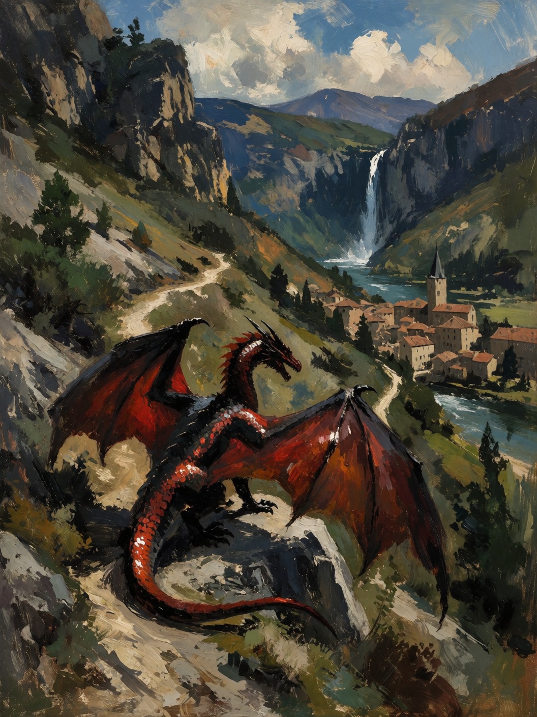 sketch painting of a fantasy D&D dragon with shiny metallic red and black scales spreading its wings wide on a large rock...