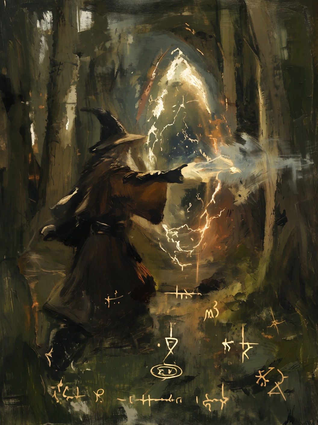 sketch painting of a wizard casting a spell in a forest clearing glowing electric ovoid arcing portal bright mystical sigi...