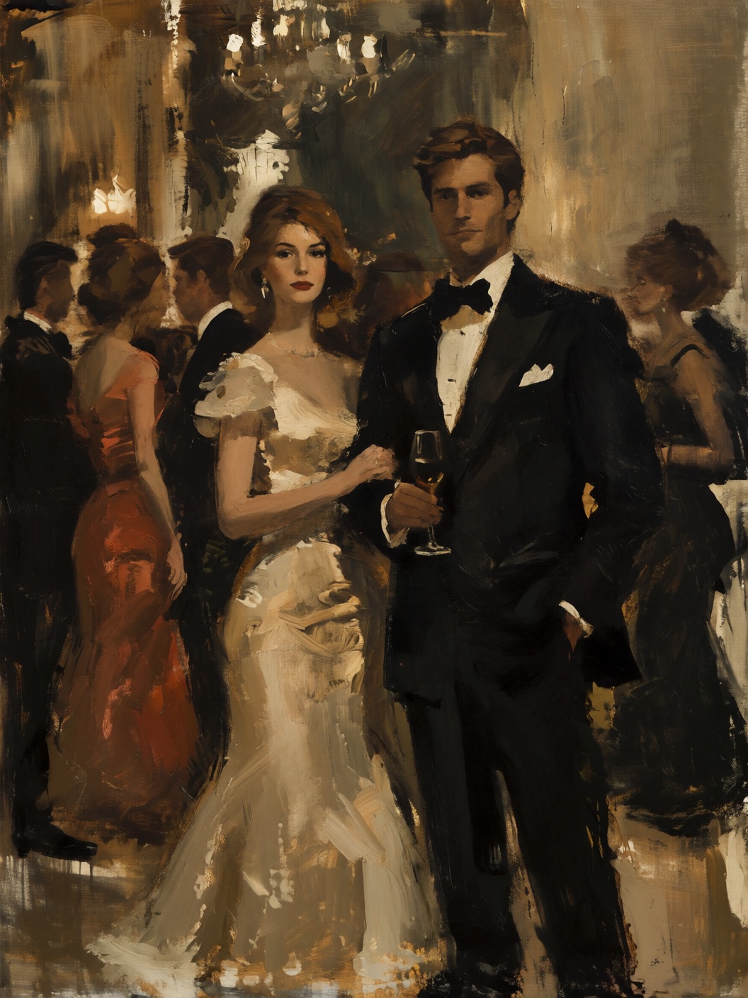sketch painting of high society classy ballroom handsome and beautiful people at a party. Romantic lighting,  evocative ex...