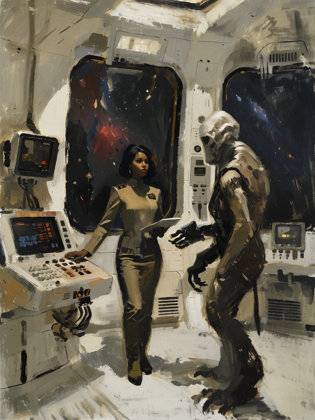 sketch painting interior of a bright austere vast sci-fi chamber space ship with a fit attractive biracial captain in form...