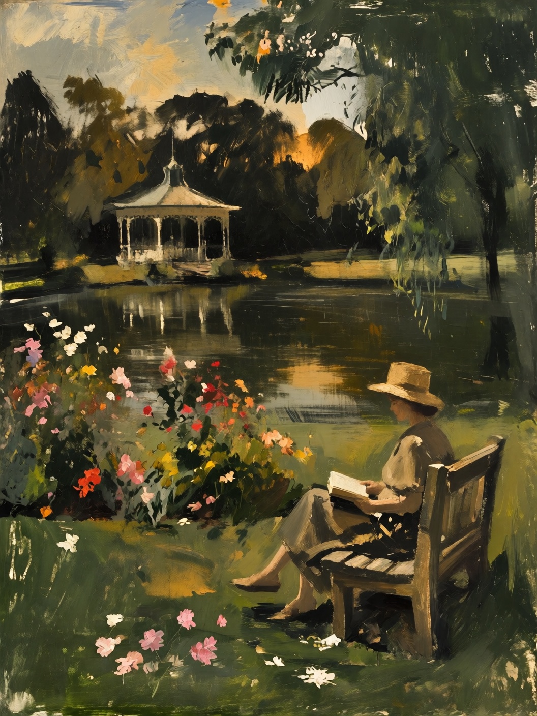 sketch painting of a serene park. In the foreground,  a woman with a straw hat is sitting on a wooden bench,  reading a bo...