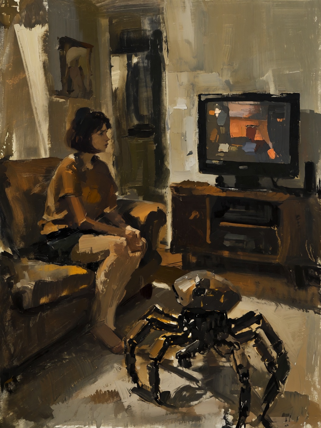 sketch painting of a young woman with her pet robot spider sitting in the family room watching TV on Tensor.Art