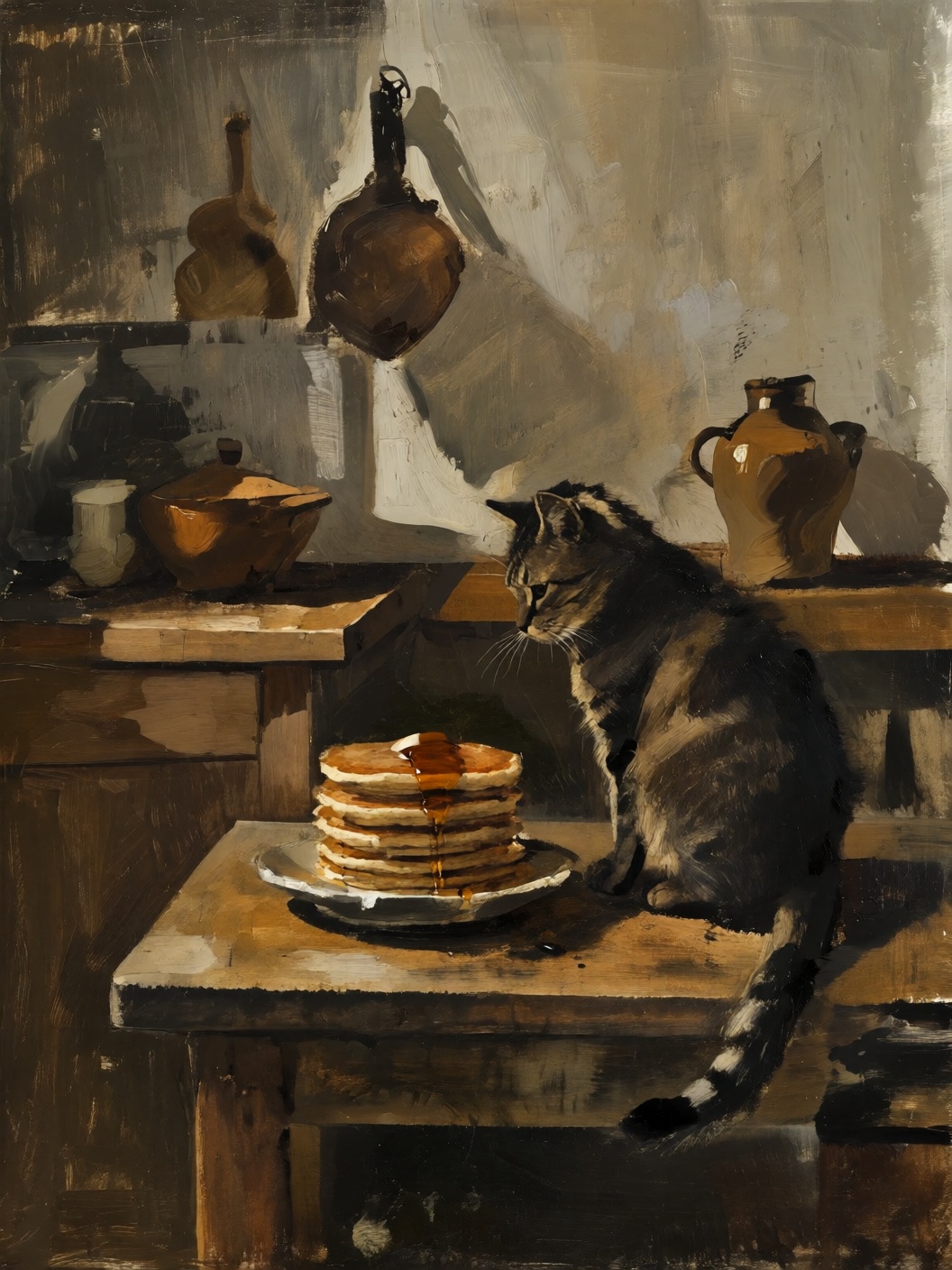 sketch painting of a cat who sits on a wooden table and looks at a stack of pancakes with syrup in a rustic country-home k...