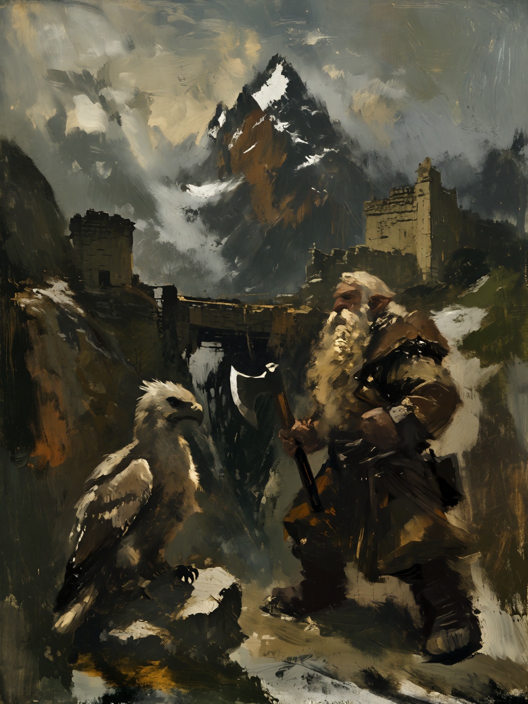 sketch painting of a treacherous mountain pass. In the foreground,  a rugged dwarf warrior with a thick beard and gleaming...