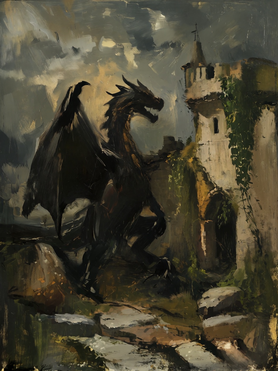 sketch painting of a fantasy dragon standing amidst ruins of an old castle under a stormy sky with rocky ground vines clim...