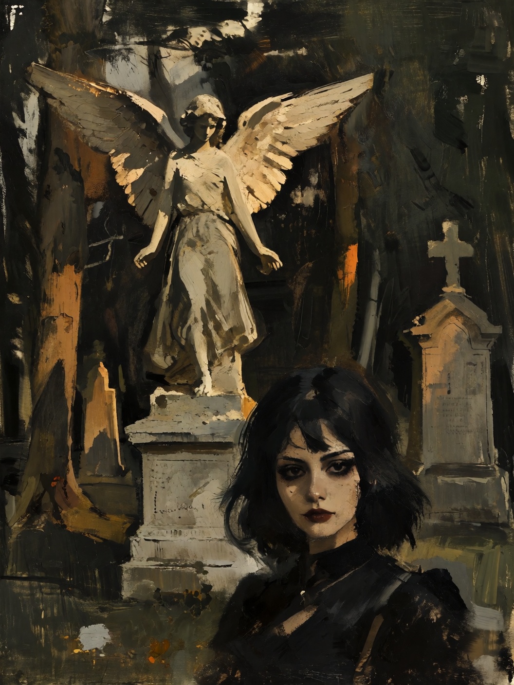 sketch painting head and shoulders closeup portrait of a goth girl in a cemetery late afternoon among tall trees and elabo...