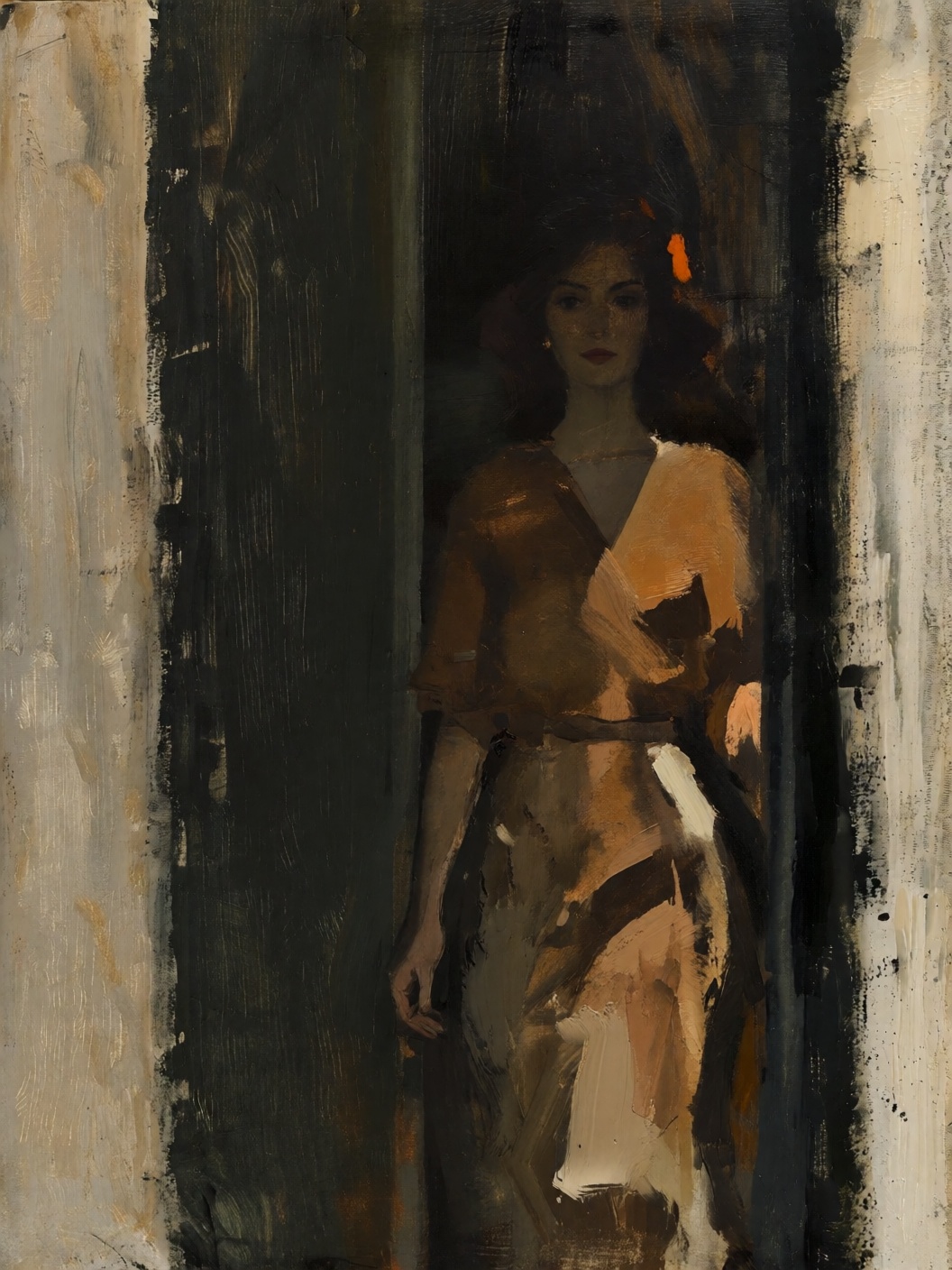 sketch painting of a beautiful model emerging from the shadow of a dark doorway on Tensor.Art