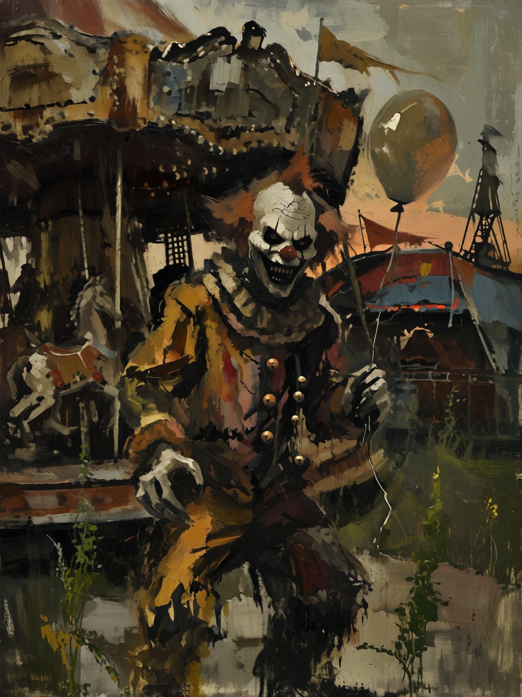 sketch painting of an eerie,  deserted carnival at dusk. In the foreground,  a sinister clown-like monster with pale on Te...