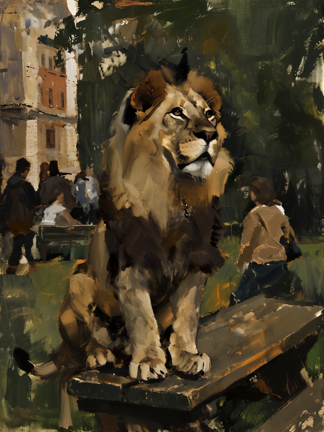 sketch painting closeup portrait of a majestic lion who sits alert on a picnic table in a city park watching people on Ten...