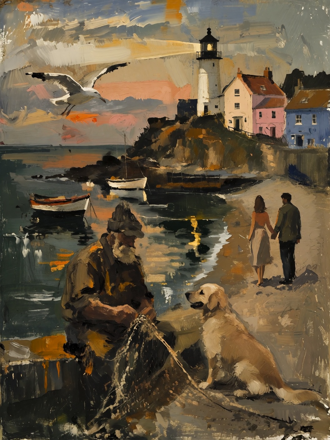 sketch painting of a charming seaside town as the day comes to an end. In the foreground,  a fisherman with a thick beard...