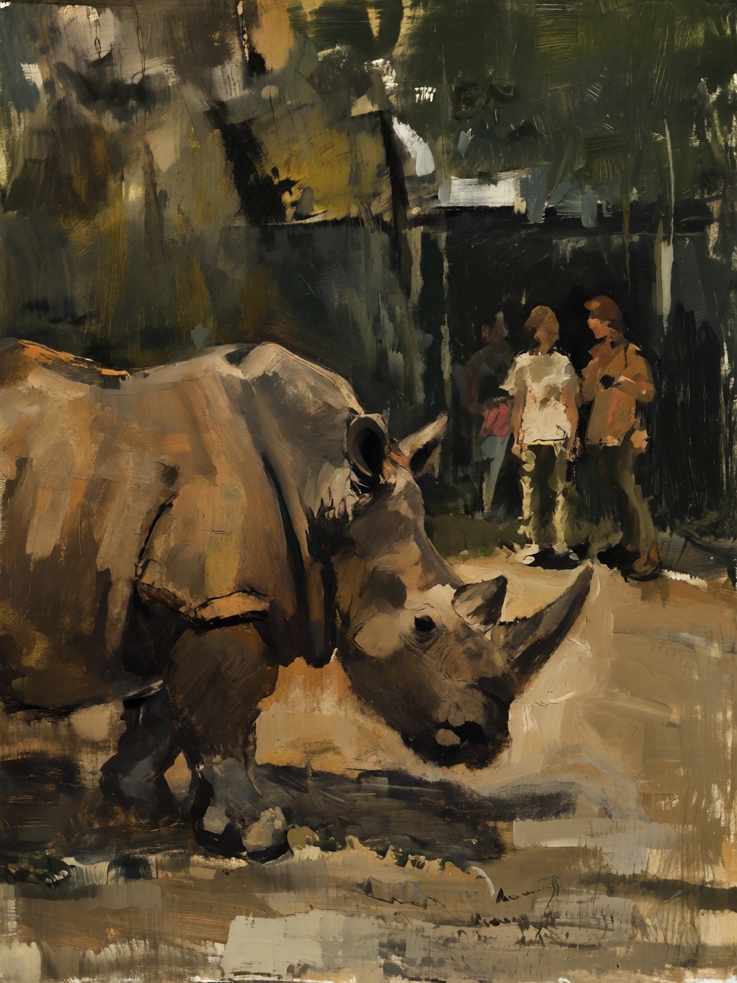 sketch painting of a rhinoceros at the zoo watching people from a distance on Tensor.Art