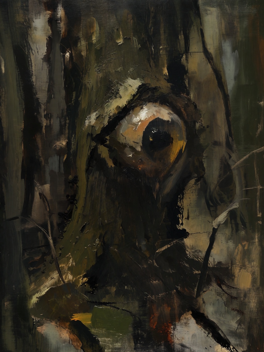 sketch painting of a large creepy eyeball embedded in a dark oak tree in a dank dark haunted forest on Tensor.Art