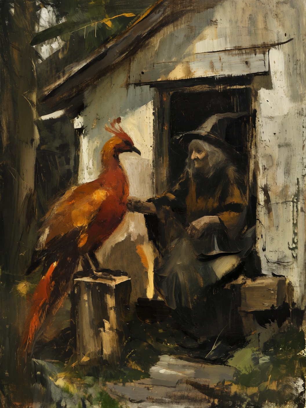 sketch painting closeup portrait of a beautiful old lady reclusive witch and her phoenix near her rundown but brightly pai...