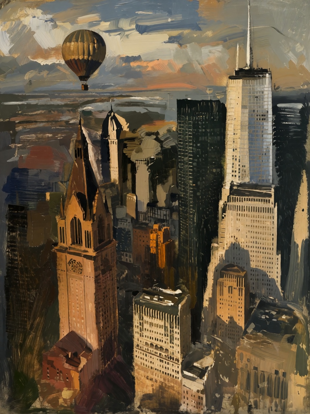 sketch painting of Chicago from a high elevation and a hot air balloon in the sky late day long shadows on Tensor.Art