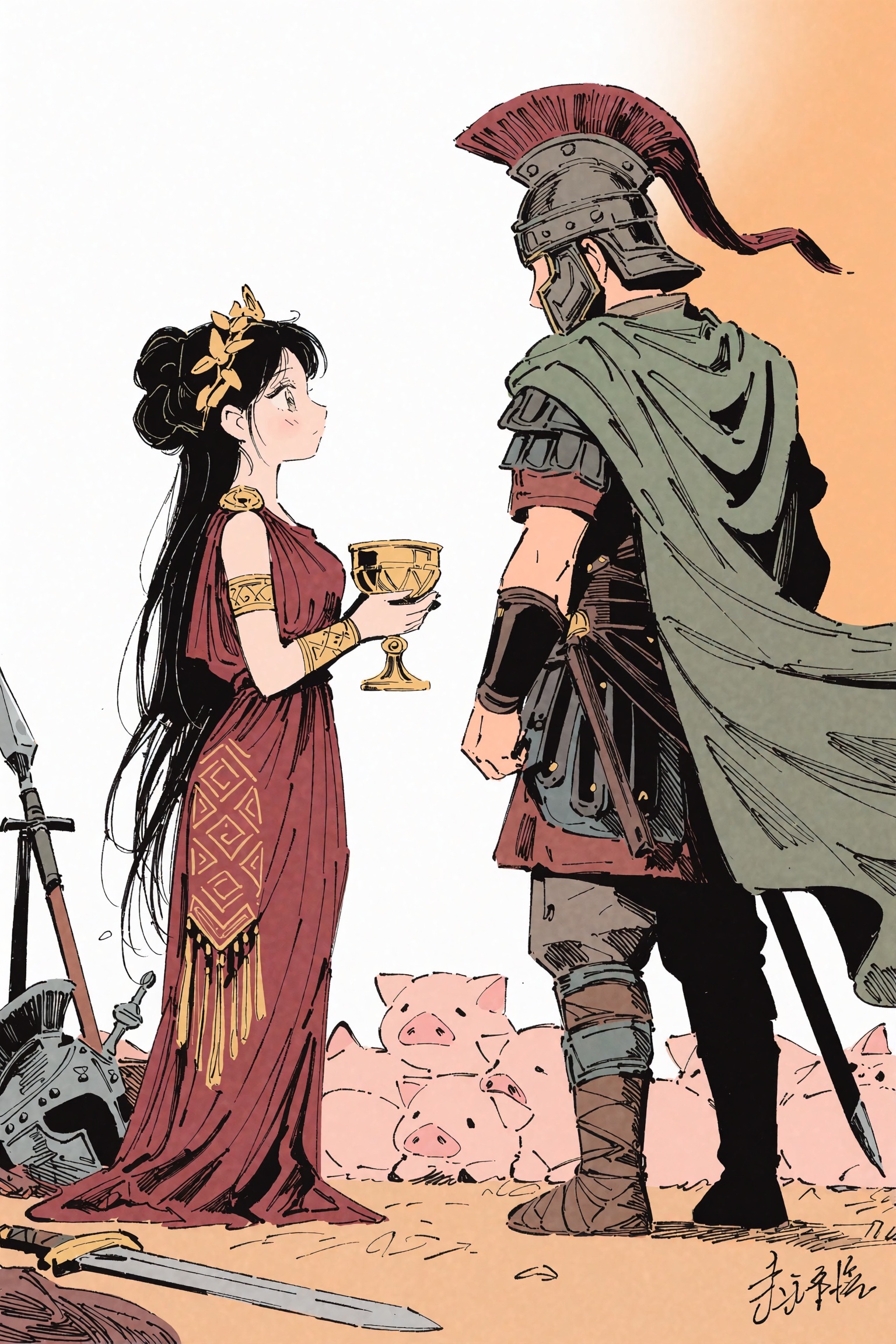 采用简洁利落的线稿手绘漫画插画风格,  以黑色勾线笔勾勒轮廓,  线条流畅富有粗细变化 on Tensor.Art