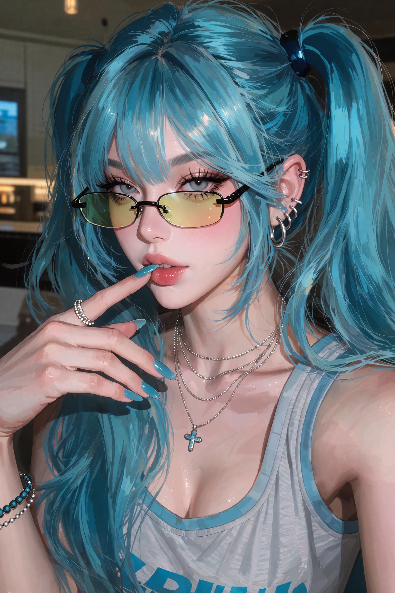 Hatsune Miku,  depicted with her long,  flowing vibrant turquoise hair styled in her iconic twin pigtails with straight ba...