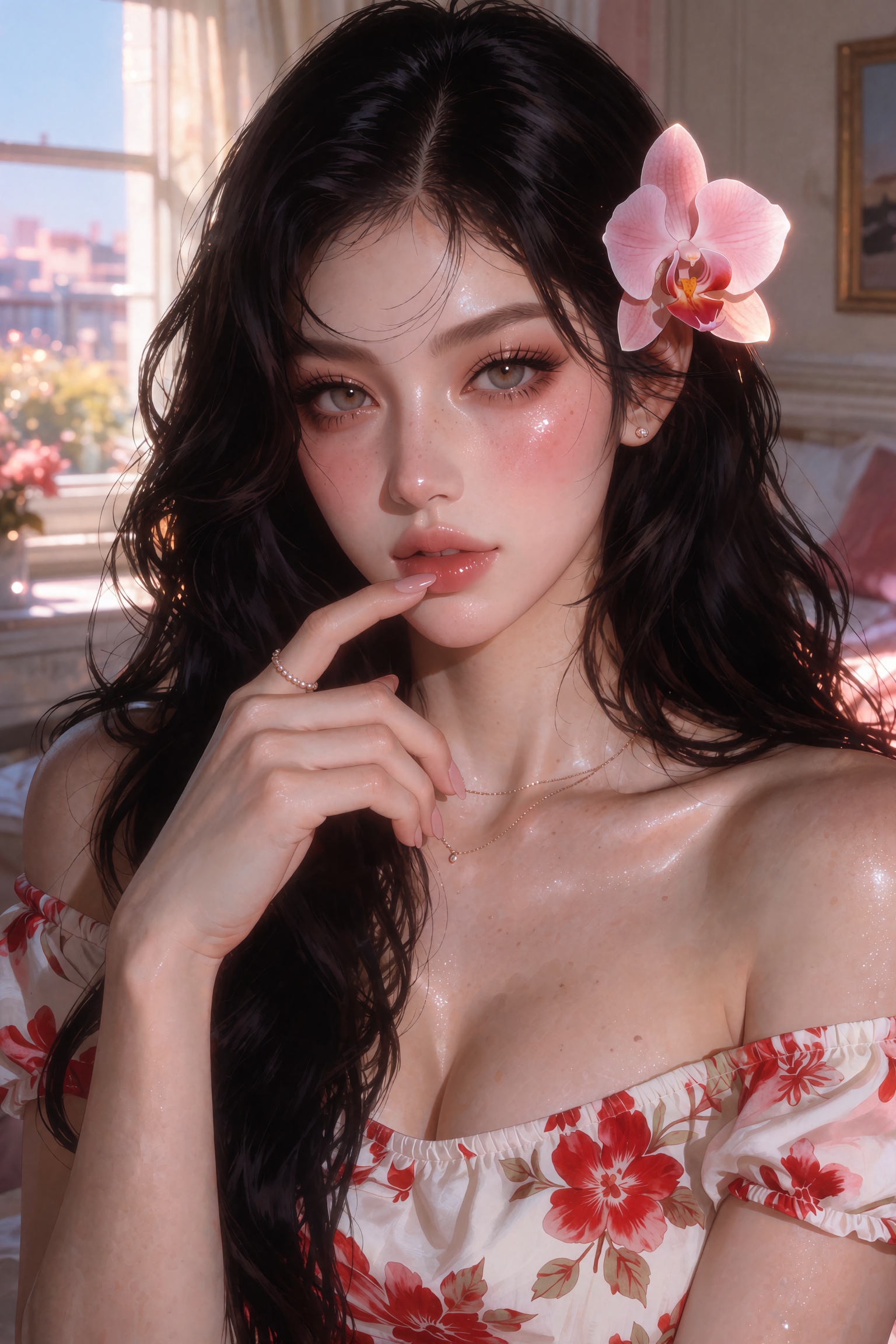 A semi-realistic niji-style portrait of an ***** woman of East Asian descent with statuesque model proportions and a long-...
