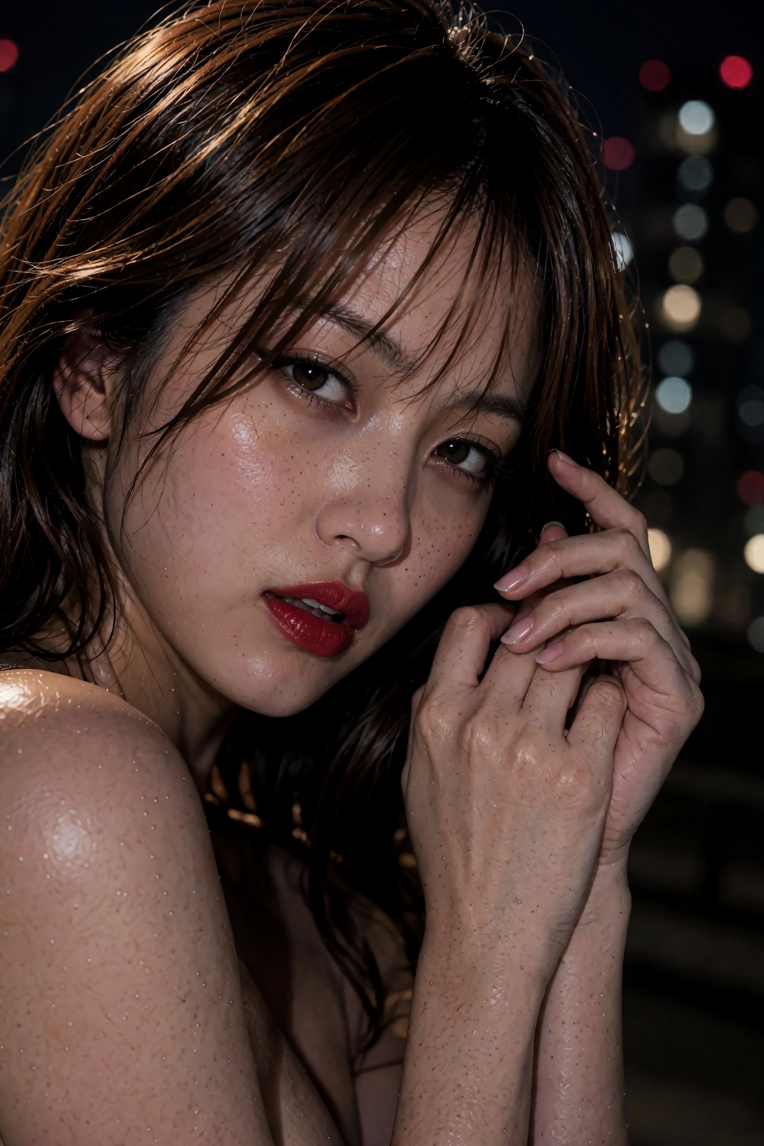 A hyper-detailed cinematic portrait of a young East Asian woman posing in a dimly lit aoutdoors during mid-night,  looking...