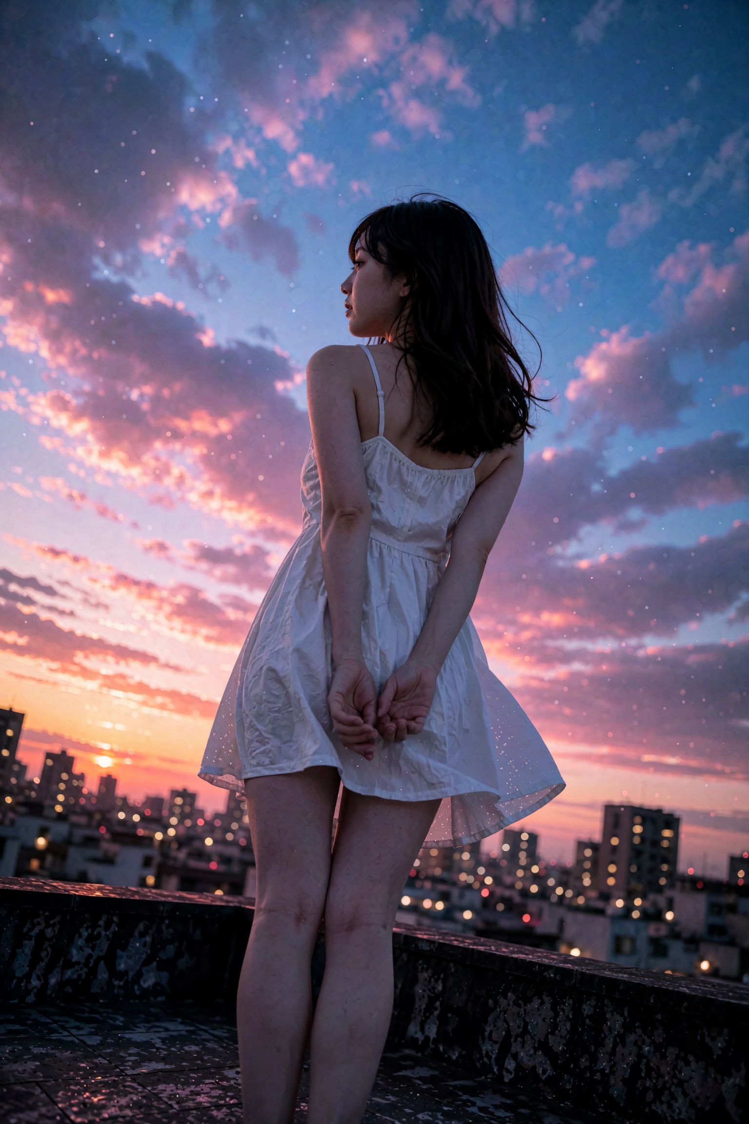 a full-body shot of a beautiful girl wearing a white sundress with medium-length hair,  her hands behind her back as she l...