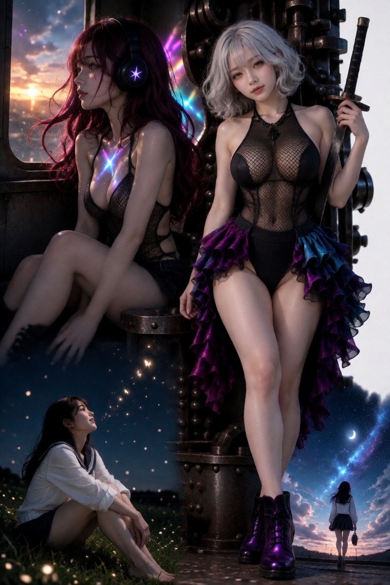 A portrait of a beautiful woman with thick wavy hair wearing a halter top and colored ruffled skirt and a black jewel pend...