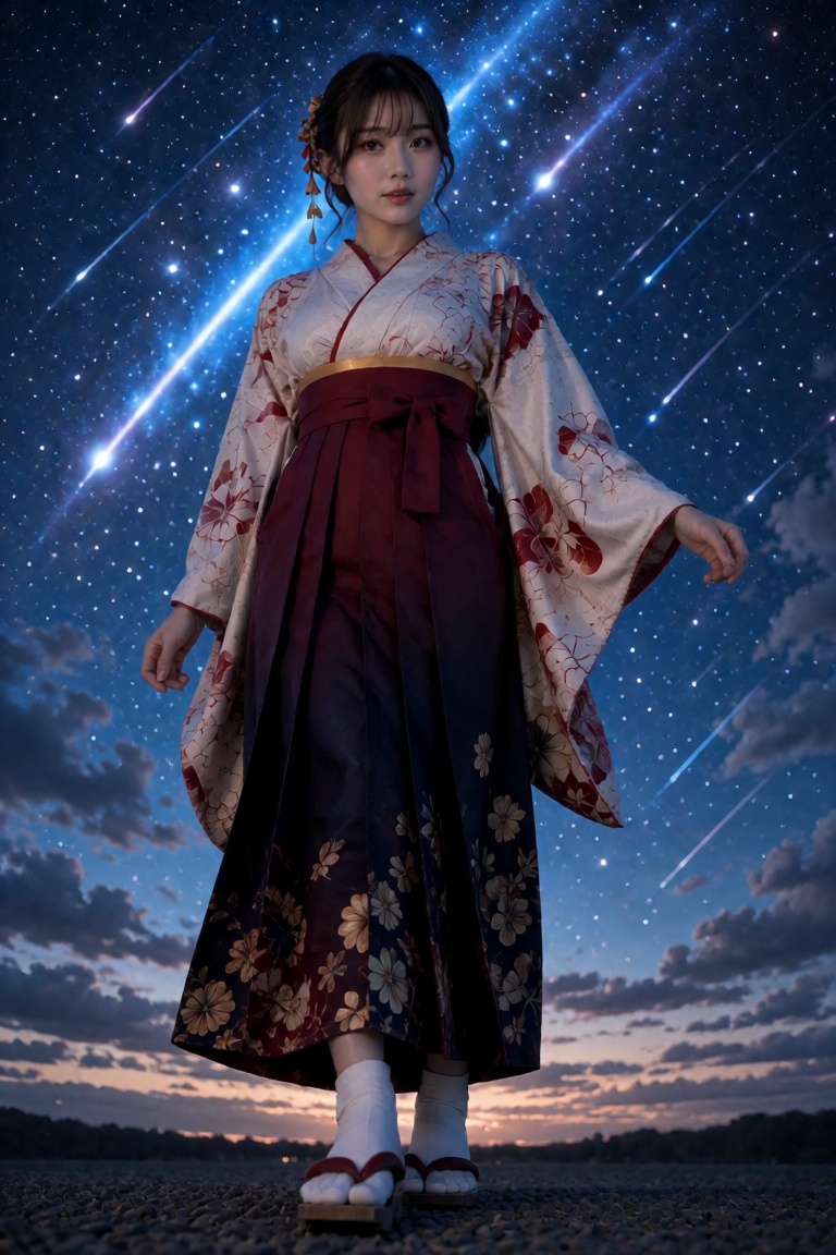 Full-body,  long wide shot of a woman in a vibrant professional photobook vibe,  standing under a blue starry sky with a m...