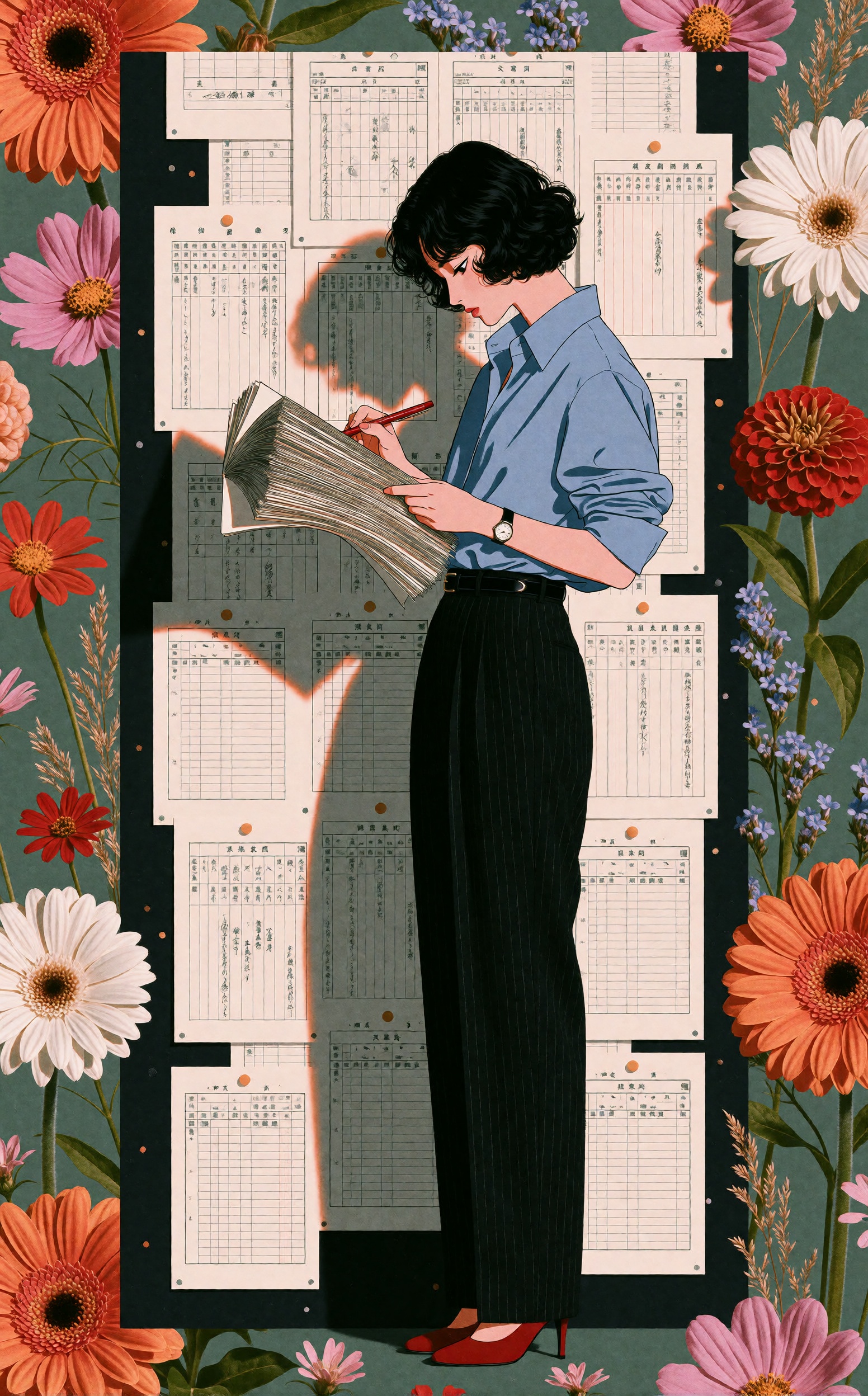 A young woman with short wavy black hair stands in profile,  her gaze lowered as she reviews a thick fanned stack of docum...