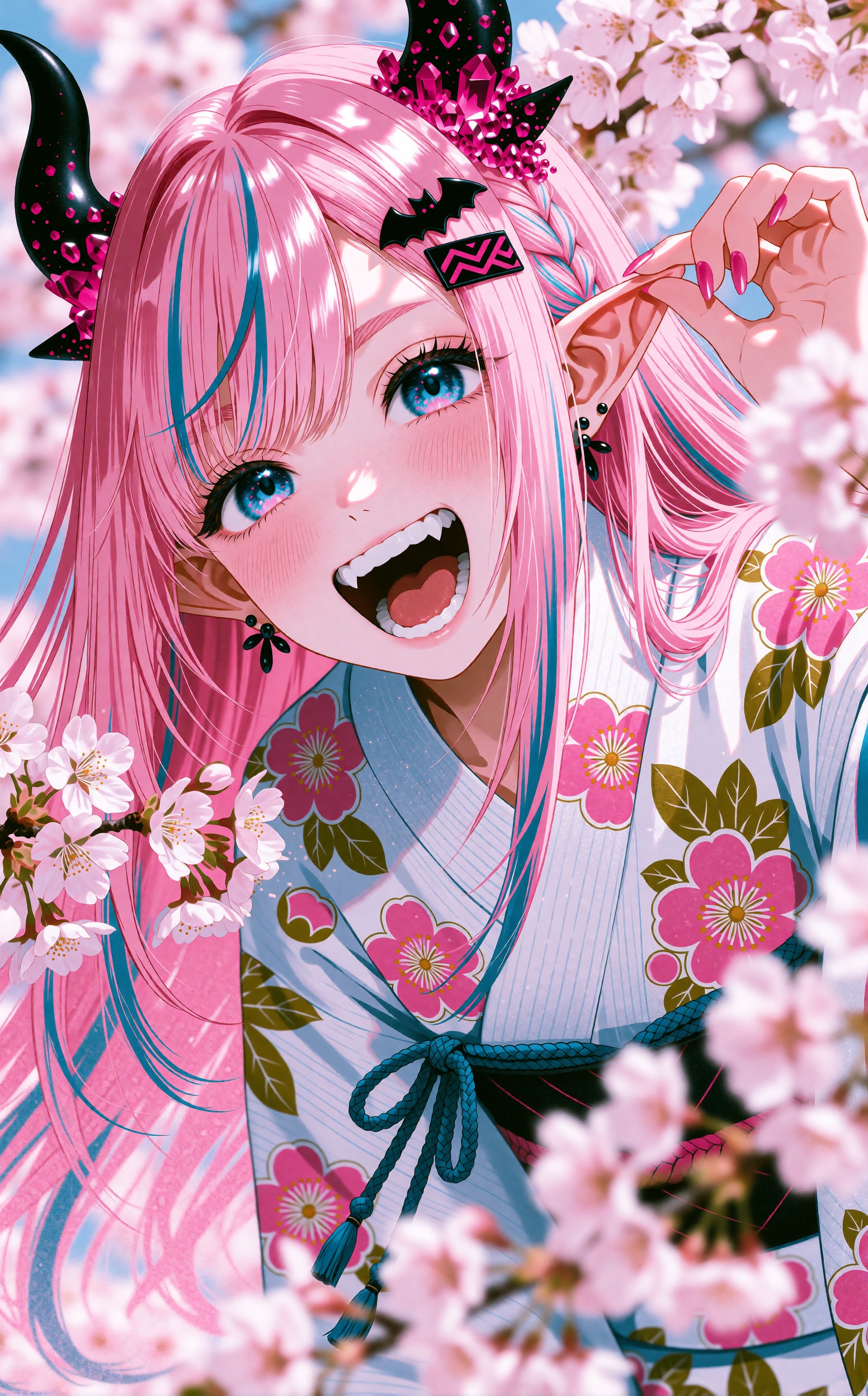 A joyful anime girl with very long flowing pink hair streaked with teal strands leans toward the viewer,  smiling brightly...